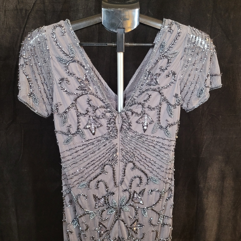 Elegant Gray Beaded Evening Dress - Picture 10 of 13